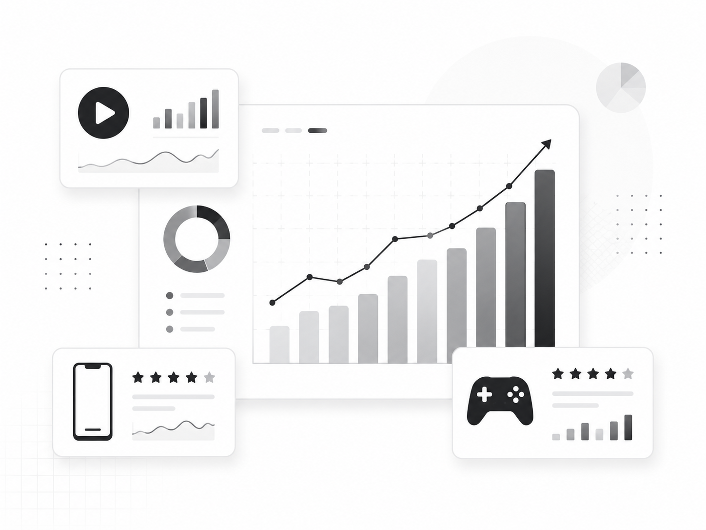 ゲーム・アプリ・動画データを分析するダッシュボード風イメージ